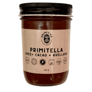 Primitella crema untable de ghee con cacao y avellanas orgánica sin azúcar, elaborada por manos reales, no por procesos.