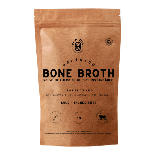 Bone Broth liofilizado orgánico Primitiva, polvo de caldo de huesos instantáneo sin aditivos, elaborado con huesos de libre pastoreo.