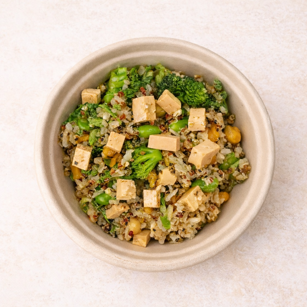 Buddha bowl con tofu, quinoa, arroz integral, brócoli y vegetales frescos – Ana Ro Foods en La Comuna Guadalajara